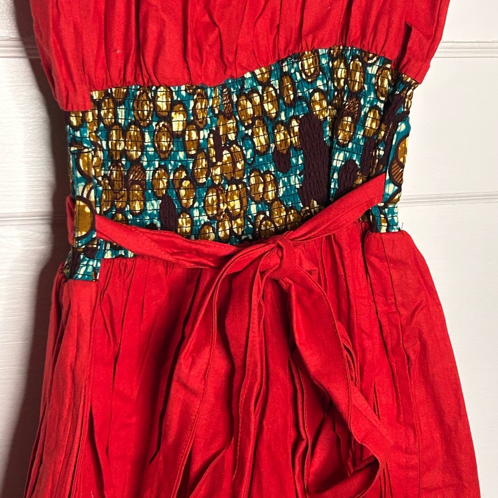 African print Vibrant Red Strapless Dress with Patterned Waist